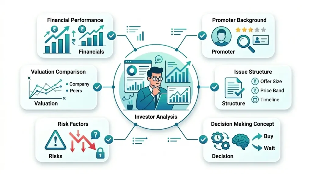SME IPO evaluation checklist showing financials promoter valuation and risk factors