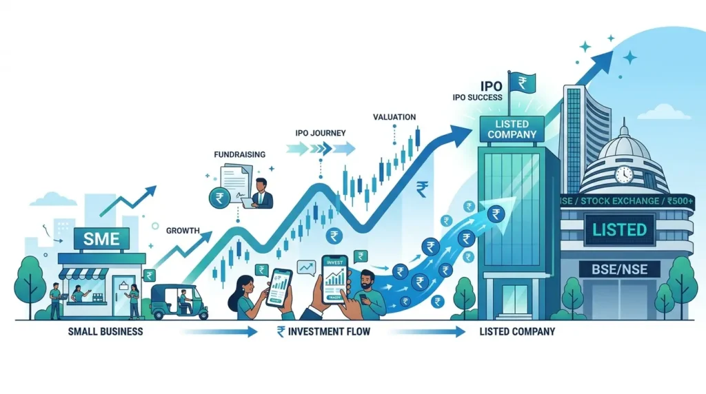 What is SME IPO? Meaning, How to Apply? 1 SME IPO in India illustration showing small business going public and listing on stock exchange