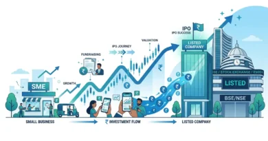 SME IPO in India illustration showing small business going public and listing on stock exchange