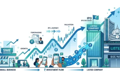 SME IPO in India illustration showing small business going public and listing on stock exchange
