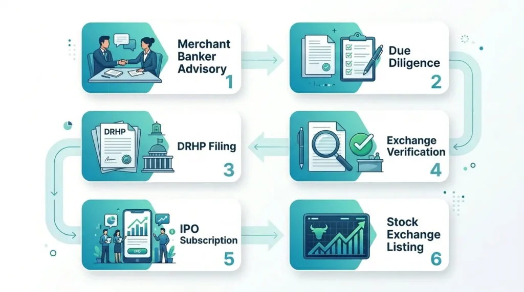step by step SME IPO listing process in India from DRHP filing to stock exchange listing