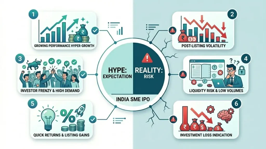 SME IPO risks showing hype versus reality with low liquidity and falling stock prices