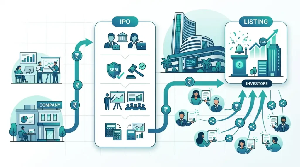 SME IPO meaning illustration showing small company raising funds and listing on stock exchange in India