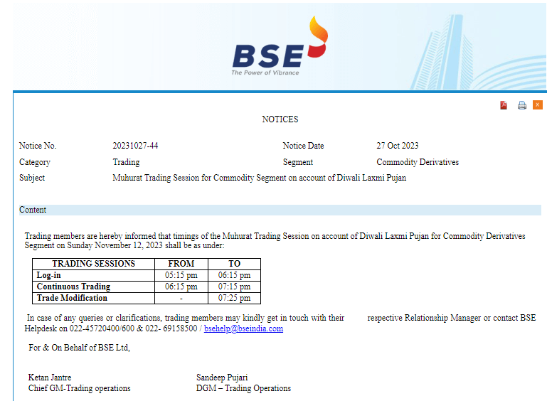 Muhurat trading session for the Commodity Derivatives Segment