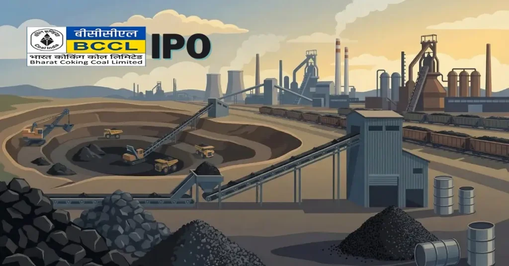 Bharat Coking Coal IPO Date, Price, GMP, Review, Details 1 Bharat Coking Coal IPO illustration depicting open-cast coal mining, conveyor systems, and industrial steel plants in the background