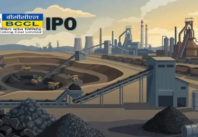 Bharat Coking Coal IPO illustration depicting open-cast coal mining, conveyor systems, and industrial steel plants in the background