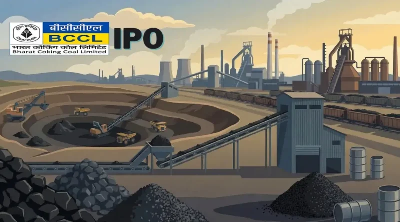 Bharat Coking Coal IPO illustration depicting open-cast coal mining, conveyor systems, and industrial steel plants in the background