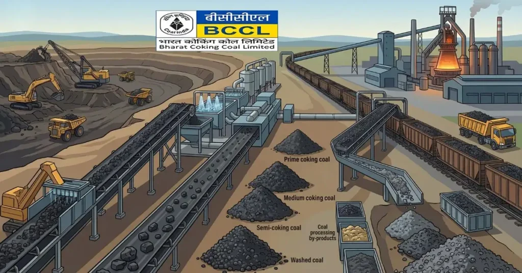 Bharat Coking Coal IPO mining and coal processing operations showing coking coal grades, conveyor belts, and washery facilities supplying the steel industry.