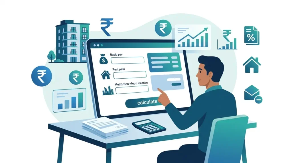 HRA Calculator - Online House Rent Allowance Exemption Calculator 1 HRA Calculator India banner showing tax exemption calculation under Section 10(13A)