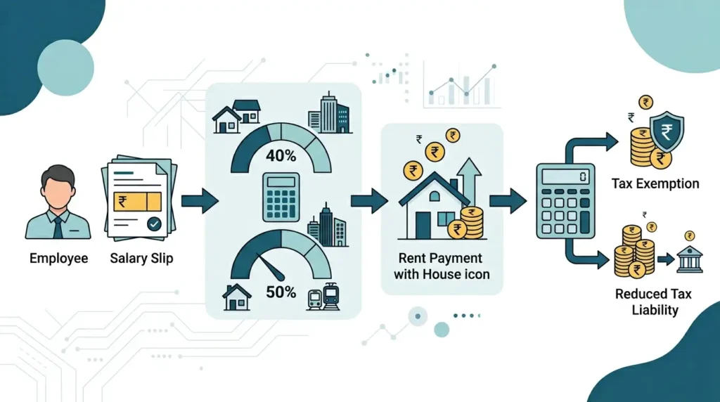 House Rent Allowance exemption formula showing salary percentage and rent calculation