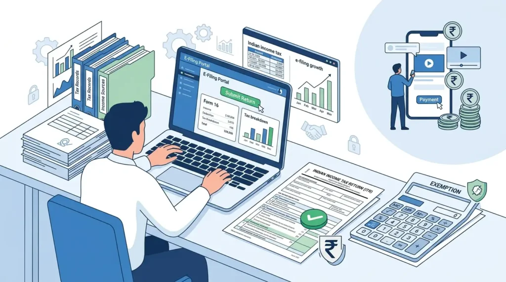 Income Tax Glossary E: E-Filing, E-Verification, Exemption 1 illustration representing income tax glossary terms starting with E including e filing exemption and rupee symbol