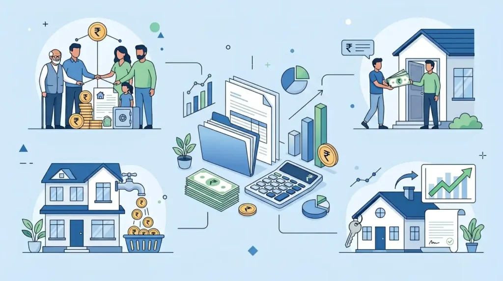 Income Tax Glossary H: HRA, HUF, House Property Income 1 illustration representing income tax glossary terms starting with H including house rent allowance HUF and rupee symbol
