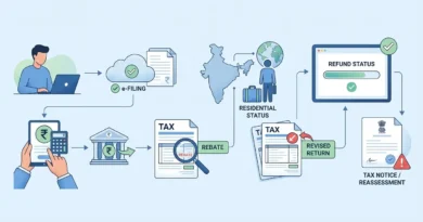 illustration representing income tax glossary terms starting with R including refund rebate and rupee symbol