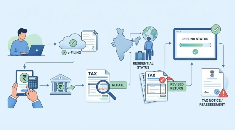 illustration representing income tax glossary terms starting with R including refund rebate and rupee symbol