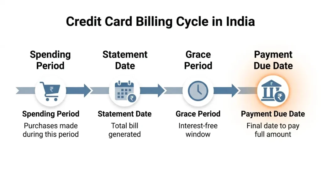 Credit card billing cycle in India showing spending period, statement date, grace period and payment due date