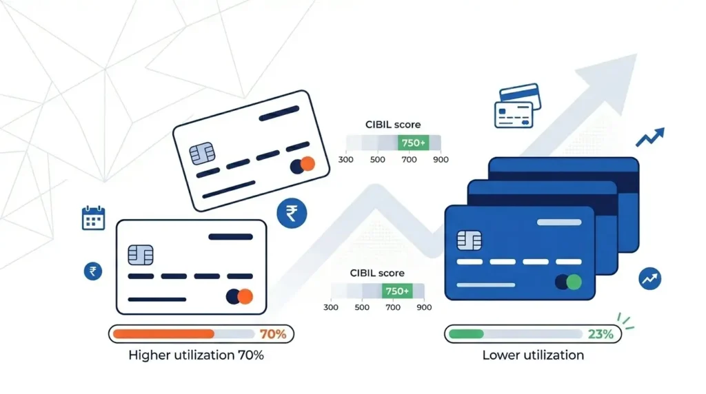 How Many Credit Cards Should You Have in India? The Safe Limit Explained 1 Hero banner illustration comparing one credit card with 70 percent utilisation versus three credit cards with 23 percent utilisation in India