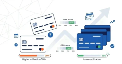 Hero banner illustration comparing one credit card with 70 percent utilisation versus three credit cards with 23 percent utilisation in India