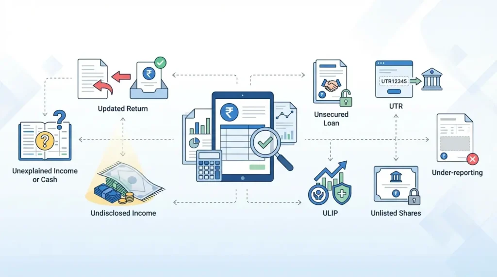 Income Tax Glossary U: Updated Return, UTR, ULIP, UPI 1 illustration representing income tax glossary terms starting with U including UPI UTR and rupee symbol