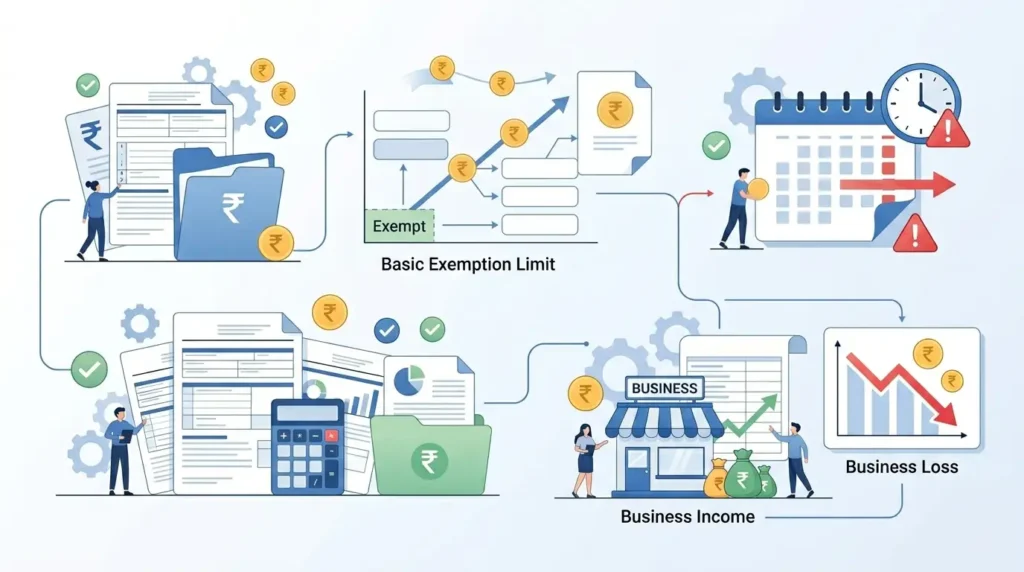 Income Tax Glossary B: Business Income, Turnoverur: Business Income, Turnoverur 1 illustration representing income tax glossary terms starting with B including basic exemption limit business income and rupee symbol