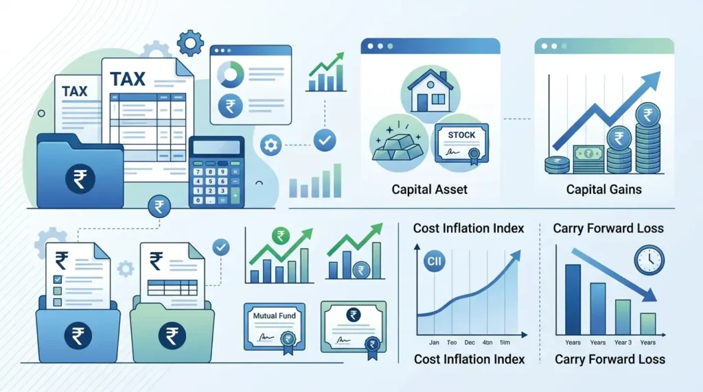Income Tax Glossary C: Capital Gains, Capital Asset, CII Explained 1 illustration representing income tax glossary terms starting with C including capital gains capital asset and rupee symbol