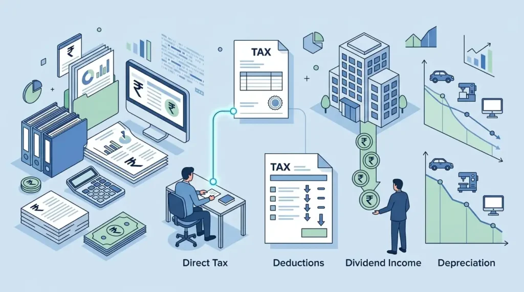 Income Tax Glossary D: Deduction, Depreciation, Dividend 1 .illustration representing income tax glossary terms starting with D including deduction depreciation and rupee symbol