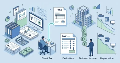 .illustration representing income tax glossary terms starting with D including deduction depreciation and rupee symbol