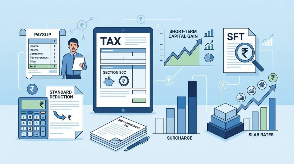 illustration representing income tax glossary terms starting with S including salary section 80C and rupee symbol