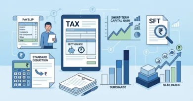illustration representing income tax glossary terms starting with S including salary section 80C and rupee symbol