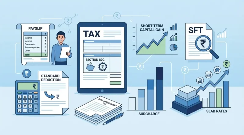illustration representing income tax glossary terms starting with S including salary section 80C and rupee symbol