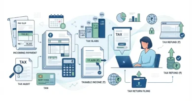 illustration representing income tax glossary terms starting with T including TDS taxable income and rupee symbol