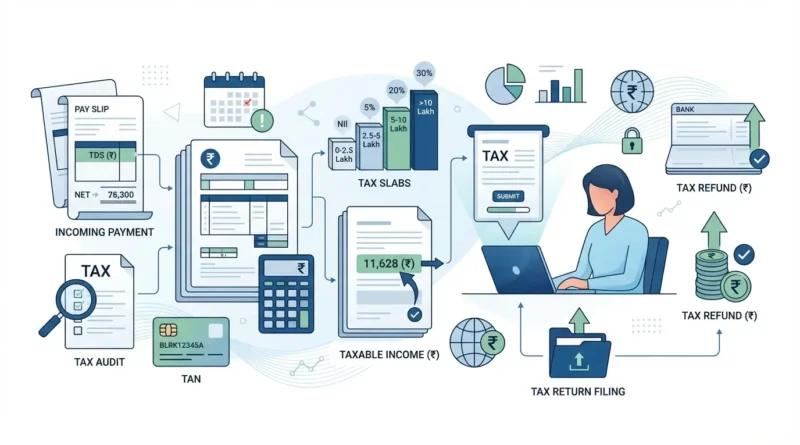 illustration representing income tax glossary terms starting with T including TDS taxable income and rupee symbol